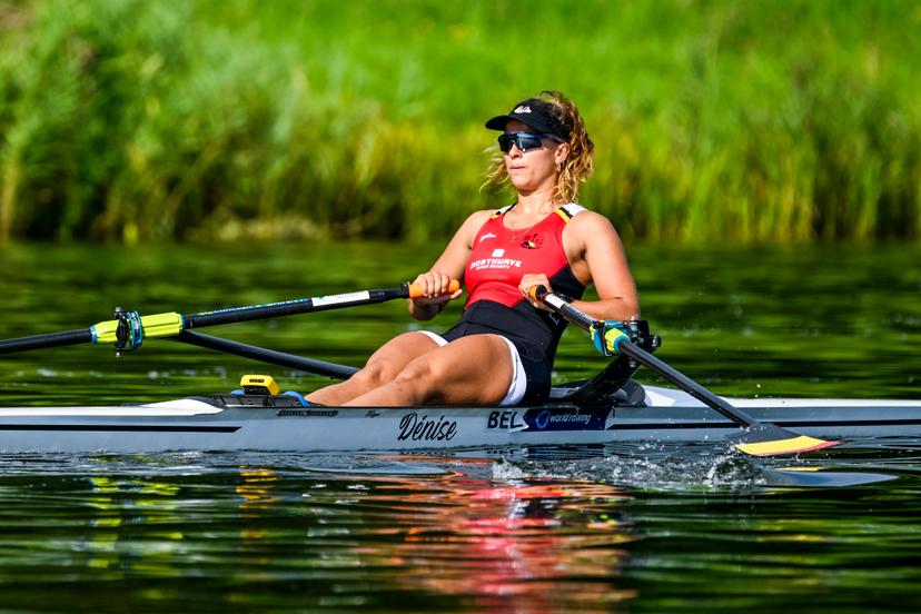 U23 Belgian Shark rower Mazarine Guilbert pictured in action during a training session ahead of a press conference organized by the Vlaamse Roeiliga and Peddelsport Vlaanderen, ahead of the Olympic Games in Parijs 2024, Friday 11 August 2023 in Willebroek. During this press conference, the selection criteria and the athletes towards the Paris Olympics will be presented. BELGA PHOTO TOM GOYVAERTS