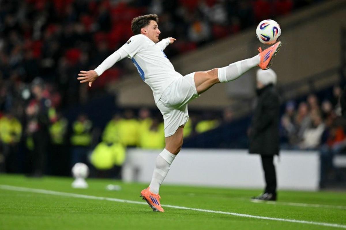Greece's midfielder #10 Christos Tzolis controls the ball during the 2026 World Cup Group C qualifier football match between Scotland and Greece, at Hampden Park Stadium, in Glasgow, on October 9, 2025.  ANDY BUCHANAN / AFP