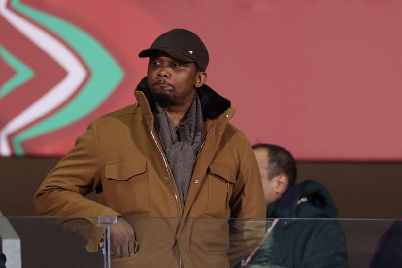 Former Cameroon footballer Samuel Eto'o watches during the Africa Cup of Nations (CAN) round of 16 football match between Ivory Coast and Burkina Faso at the Grand Stadium in Marrakesh on January 6, 2026.   FRANCK FIFE / AFP