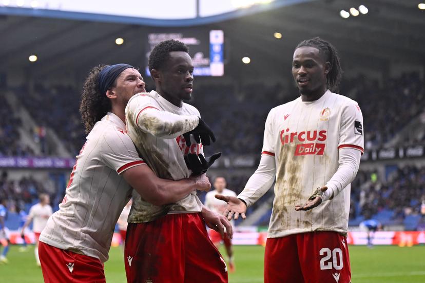 Standard's Marlon Fossey, Standard's Rafiki Said and Standard's Ibrahim Karamoko celebrate after scoring during a soccer match between KRC Genk and Standard de Liege, Sunday 22 February 2026 in Genk, a game of day 26 of the 2025-2026 'Jupiler Pro League' first division of the Belgian championship. BELGA PHOTO JOHAN EYCKENS