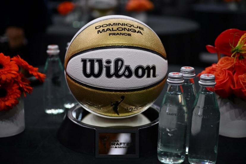 A ball with name of French player Dominique Malonga is seen during the 2025 WNBA Draft at the Shed in New York City on April 14, 2025.  ANGELA WEISS / AFP