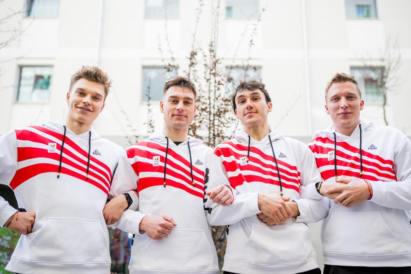 Belgian shorttrack skater Warre Van Damme, Belgian shorttrack skater Adriaan Dewagtere, Belgian shorttrack skater Stijn Desmet and Belgian shorttrack skater Ward Petre pose for the photographer at a press conference at the Milano Cortina 2026 Olympic Winter Games, on Sunday 15 February 2026 in Milan, Italy. The XXV Winter Olympics take place from 6 to 22 February 2026 in Italy. BELGA PHOTO JASPER JACOBS