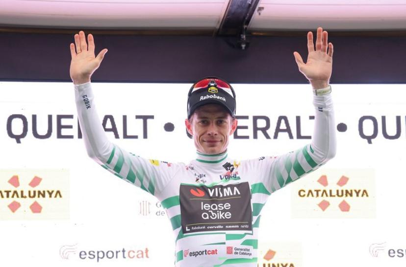 Team Visma-Lease a bike's Danish rider Jonas Vingegaard celebrates on the podium after winning the sixth stage of the 2026 'Volta a Catalunya' cycling tour of Catalonia, a 158 km race between Berga and the Sanctuary of La Mare de Deu de Queralt in Berga, on March 28, 2026.  Josep LAGO / AFP