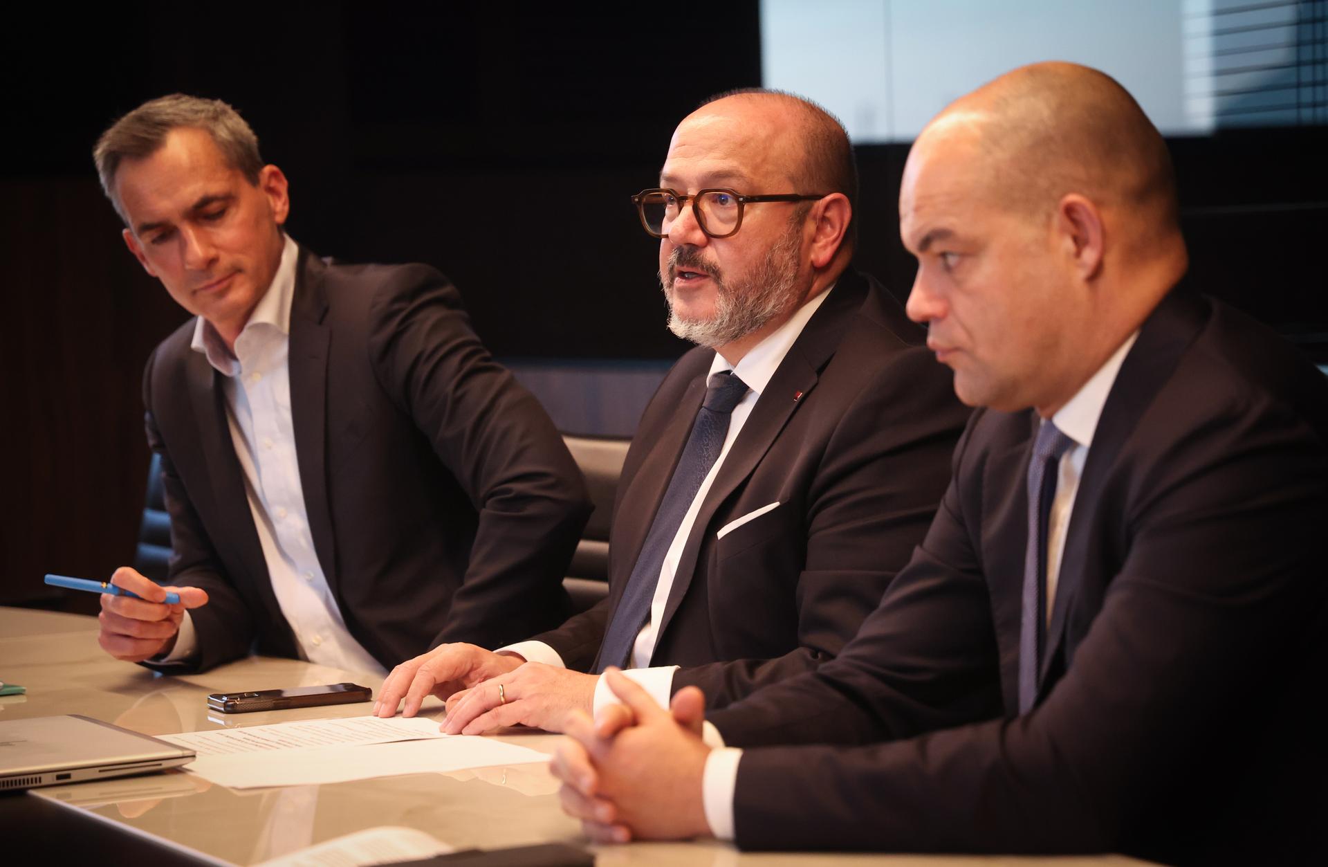 Pro League CEO Lorin Parys, Minister of Interior Bernard Quintin and Belgium soccer union CEO Peter Willems pictured during a press conference after a round table on safety in football, organised by the Pro League and the Royal Belgian Football Association (RBFA), Friday 07 November 2025 in Tubize. BELGA PHOTO VIRGINIE LEFOUR