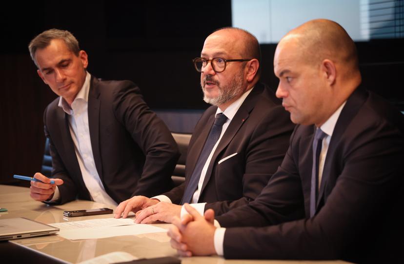 Pro League CEO Lorin Parys, Minister of Interior Bernard Quintin and Belgium soccer union CEO Peter Willems pictured during a press conference after a round table on safety in football, organised by the Pro League and the Royal Belgian Football Association (RBFA), Friday 07 November 2025 in Tubize. BELGA PHOTO VIRGINIE LEFOUR