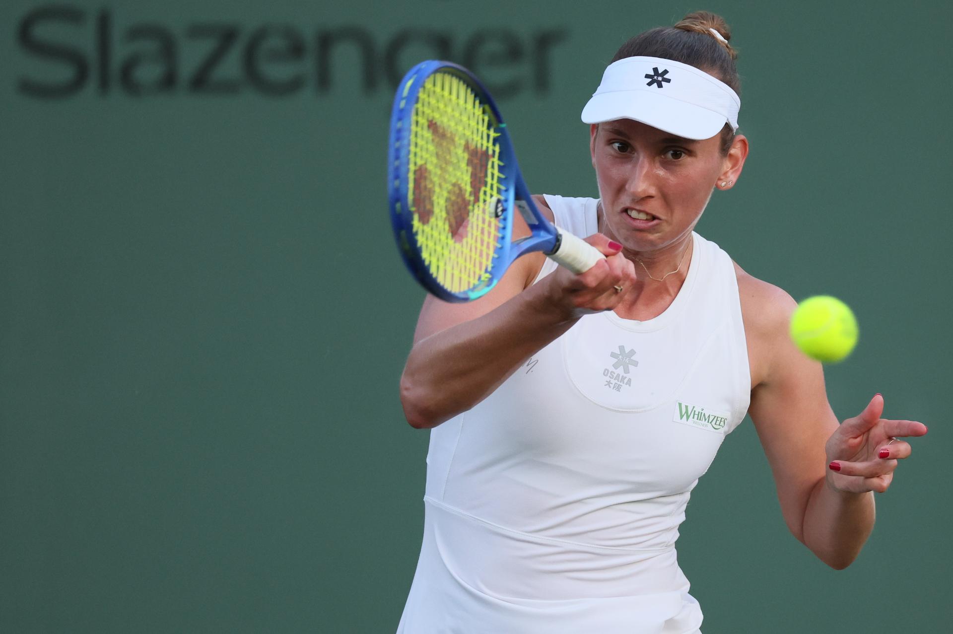 Belgian Elise Mertens pictured in action during a tennis match against Czech Fruhvirtova, in the first round of the women's singles at the 2025 Wimbledon grand slam tournament, Monday 30 June 2025 at the All England Tennis Club, in South-West London, Britain. BELGA PHOTO BENOIT DOPPAGNE