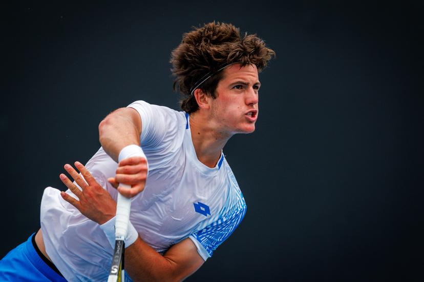 Belgium's Gilles-Arnaud Bailly pictured in action during a third round qualifying match in the men's singles against USA's Damm at the Australian Open, Melbourne Park, Melbourne on Thursday 15 January 2026.  BELGA PHOTO PATRICK HAMILTON  --- BENELUX ONLY   ---