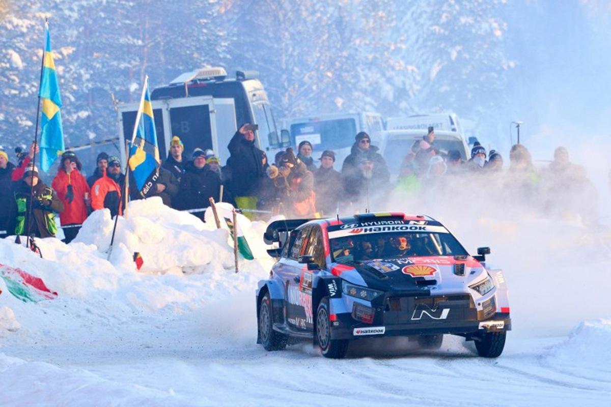 Belgian driver Thierry Neuville and co-driver Martijn Wydaeghe compete in their Hyundai i20 N Rally during Rally Sweden, the second round of the FIA World Rally Championship in Umea, Sweden, on February 13, 2026.    Peo MOLLER / TT News Agency / AFP
