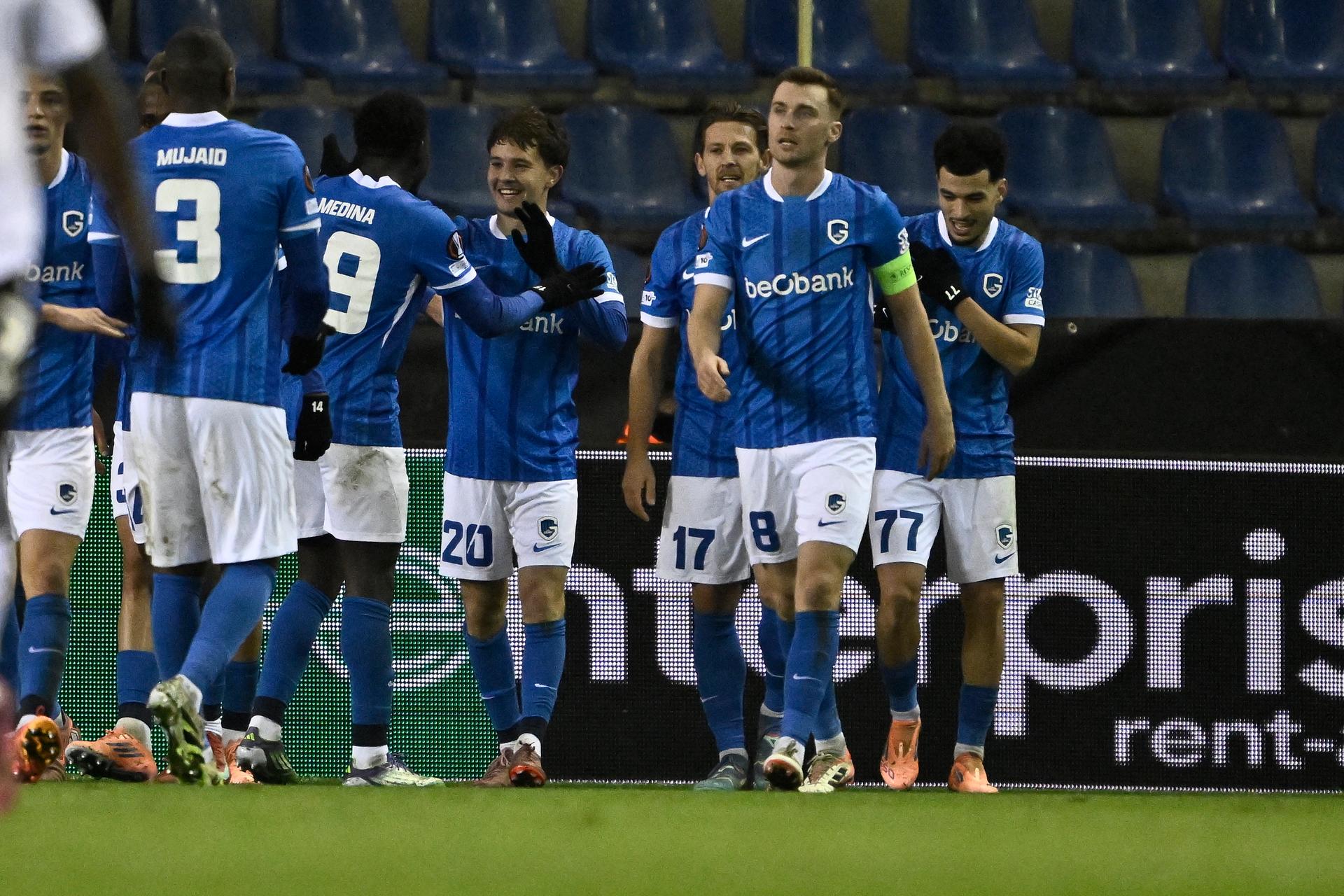 Genk's Konstantinos Kos Karetsas celebrates after scoring during a soccer game between Belgian soccer team KRC Genk and Swiss FC Basel, on Thursday 27 November 2025, in Genk, on the fifth game (out of 8) in the league phase of the UEFA Europa League competition. BELGA PHOTO JOHAN EYCKENS