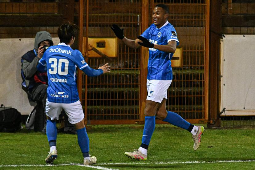 Jong Genk's Adrian Palacios celebrates after scoring during a soccer game between Jong Genk and KAS Eupen, Friday 30 January 2026 in Geel, on day 23 (out of 30) of the 2025-2026 'Challenger Pro League' 1B second division of the Belgian championship. BELGA PHOTO JILL DELSAUX