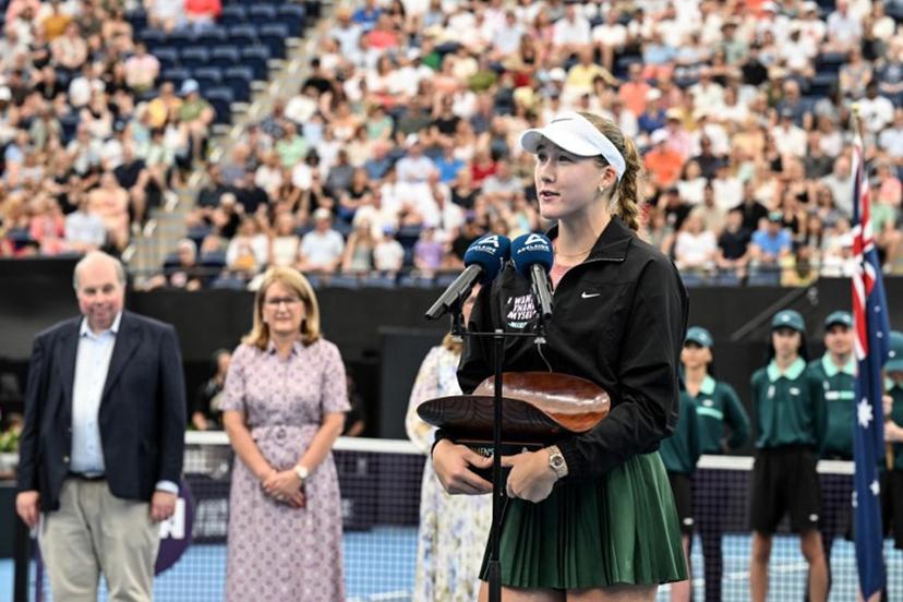 Russia's Mirra Andreeva speaks after her victory against Canada's Victoria Mboko in their women's singles final match at the Adelaide International tennis tournament in Adelaide on January 17, 2026.  Michael ERREY / AFP