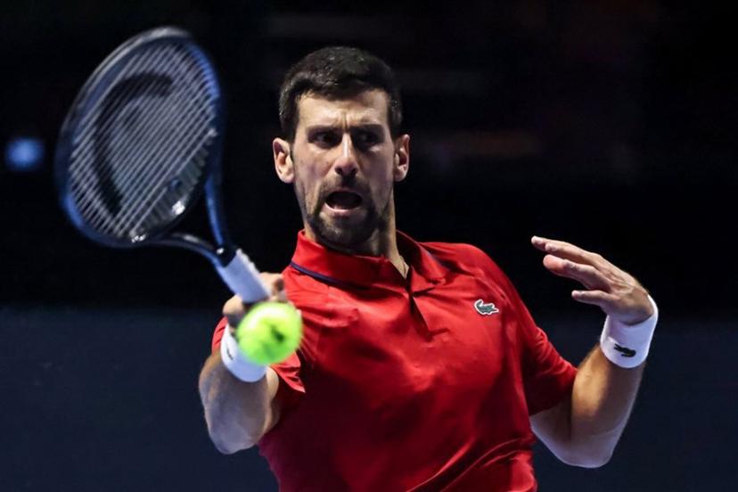 Serbia's Novak Djokovic hits a return against US' Taylor Fritz during the third-placed match at the Six Kings Slam exhibition tennis tournament in Riyadh on October 18, 2025.  Fayez NURELDINE / AFP