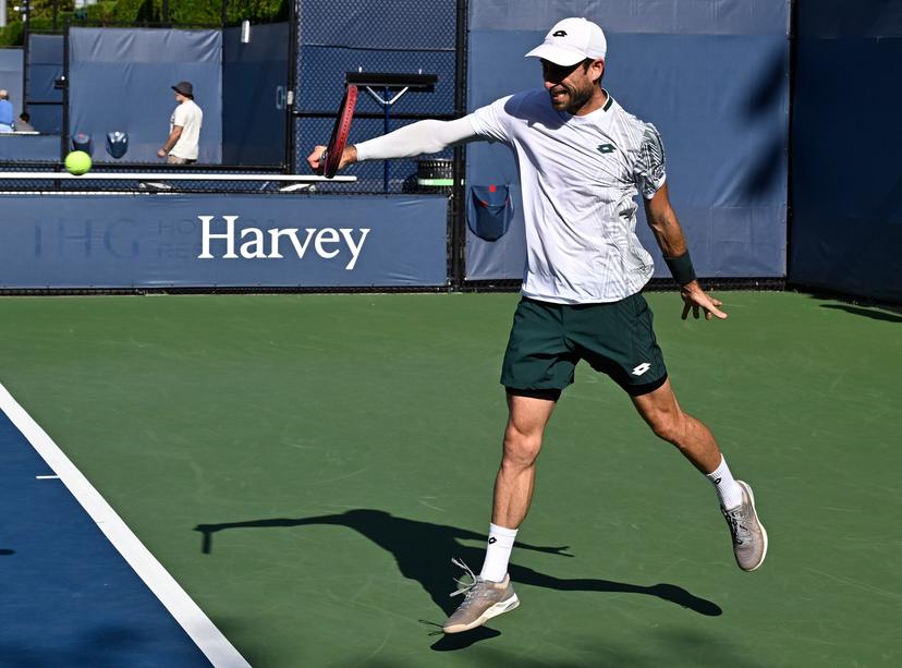 Sander Gille of Belgium and partner Sam Verbeek of the Netherlands (not in frame) play against Alexander Blockx of Belgium and Dino Prizmic of Croatia during the Men's doubles Round 1 of the 2026 US Open Tennis Championship, USTA Billie Jean King National Tennis Center in Flushing Meadow-Corona Park, in the Queens borough of New York, NY, September 4, 2026. (Photo by Anthony Behar/Sipa USA) BELGA PHOTO BENELUX ONLY