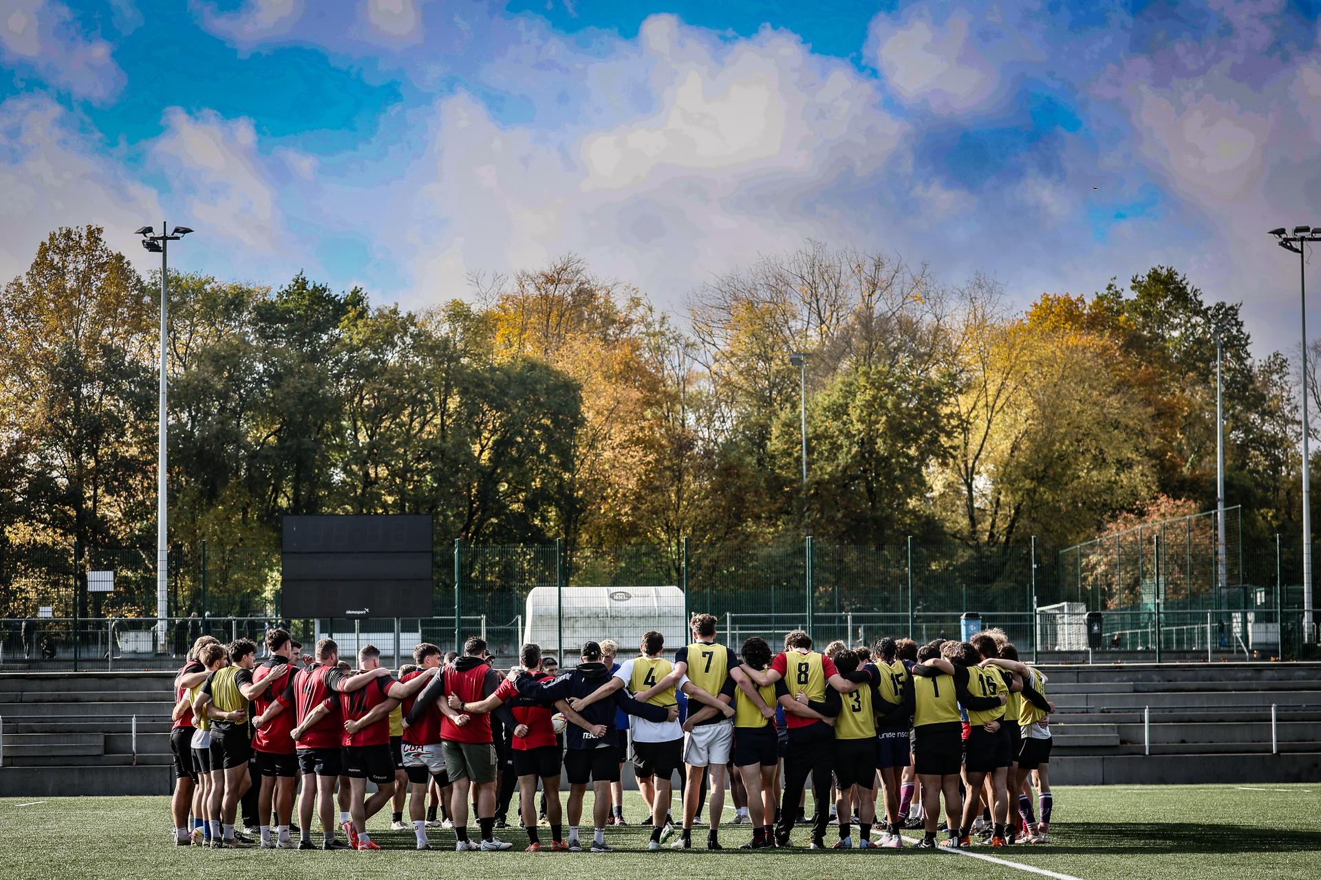 Belgium's players pictured during a training session of the Black Devils, the Belgian national rugby team, at the Nelson Mandela Stadium in Neder-Over-Heembeek, Brussels, Sunday 02 November 2025. The team is preparing for the qualification games for the World Cup. BELGA PHOTO BRUNO FAHY