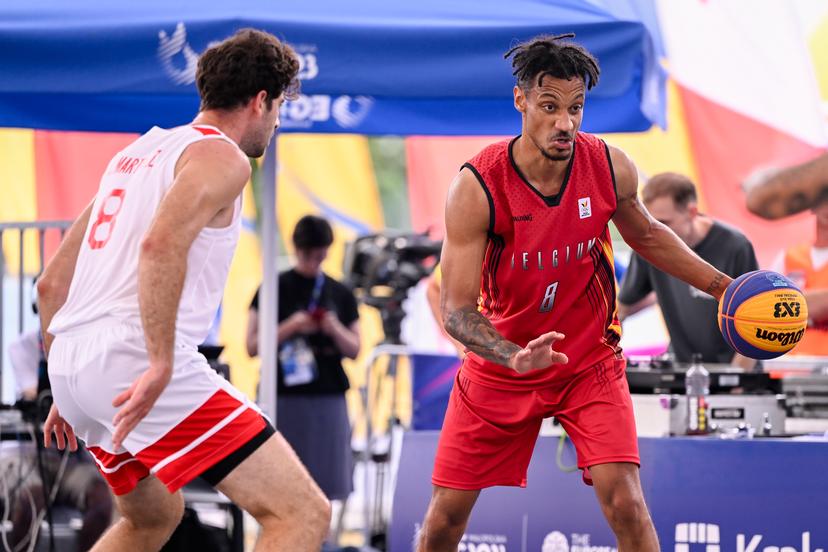 Spanish Carlos Martinez and Belgian Dennis Donkor pictured in action during the match between Belgium and Spain, in Pool D of the men's preliminary round of the Basket 3x3 competition, on the third day of the European Games, in Krakow, Poland, Friday 23 June 2023. The 3rd European Games, informally known as Krakow-Malopolska 2023, is a scheduled international sporting event that will be held from 21 June to 02 July 2023 in Krakow and Malopolska, Poland. BELGA PHOTO LAURIE DIEFFEMBACQ