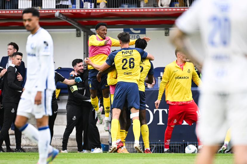 Union's Promise David celebrates after scoring during a soccer match between Royale Union Saint-Gilloise and KAA Gent, Sunday 25 May 2025 in Brussels, on day 10 (out of 10) of the Champions' Play-offs of the 2024-2025 'Jupiler Pro League' first division of the Belgian championship. BELGA PHOTO LAURIE DIEFFEMBACQ