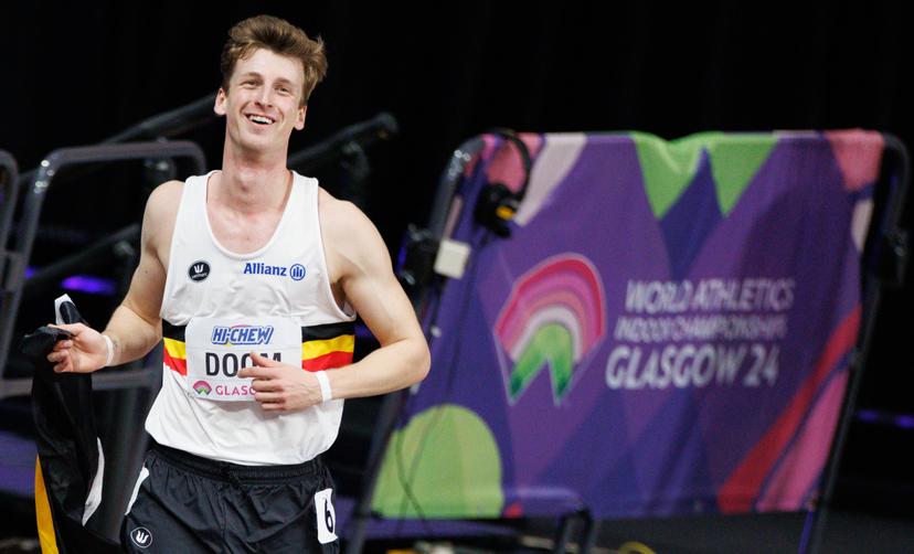 Belgian Alexander Doom celebrates after winning the final of the men's 400m race, on day two of the World Athletics Indoor Championships in Glasgow, Scotland, UK, on Saturday 02 March 2024. The Worlds are taking place from 01 to 03 March 2024. BELGA PHOTO BENOIT DOPPAGNE