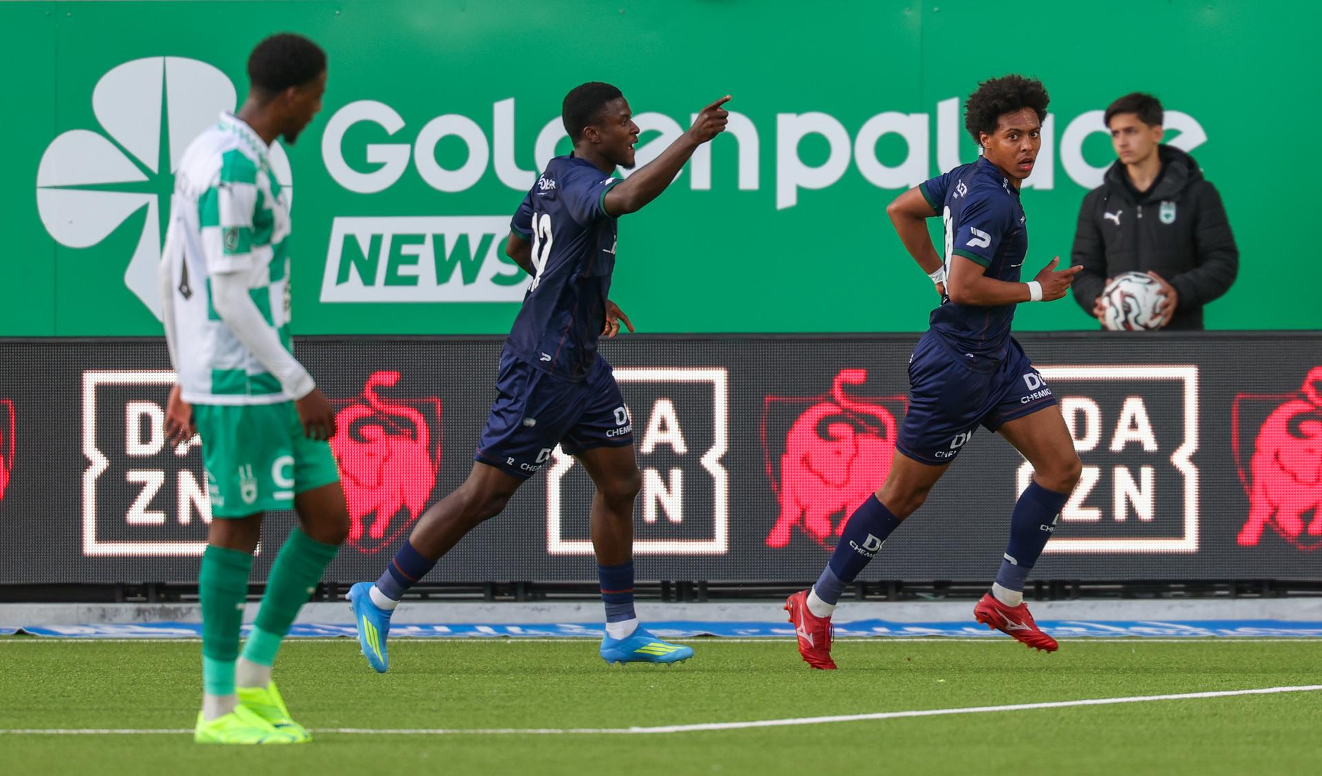Essevee's Marley Ake celebrates after scoring during a soccer match between RAAL La Louviere and SV Zulte Waregem, Sunday 19 April 2026 in La Louviere, on the third day of the Relegation Play-offs phase of the 2025-2026 'Jupiler Pro League' first division of the Belgian championship. BELGA PHOTO VIRGINIE LEFOUR