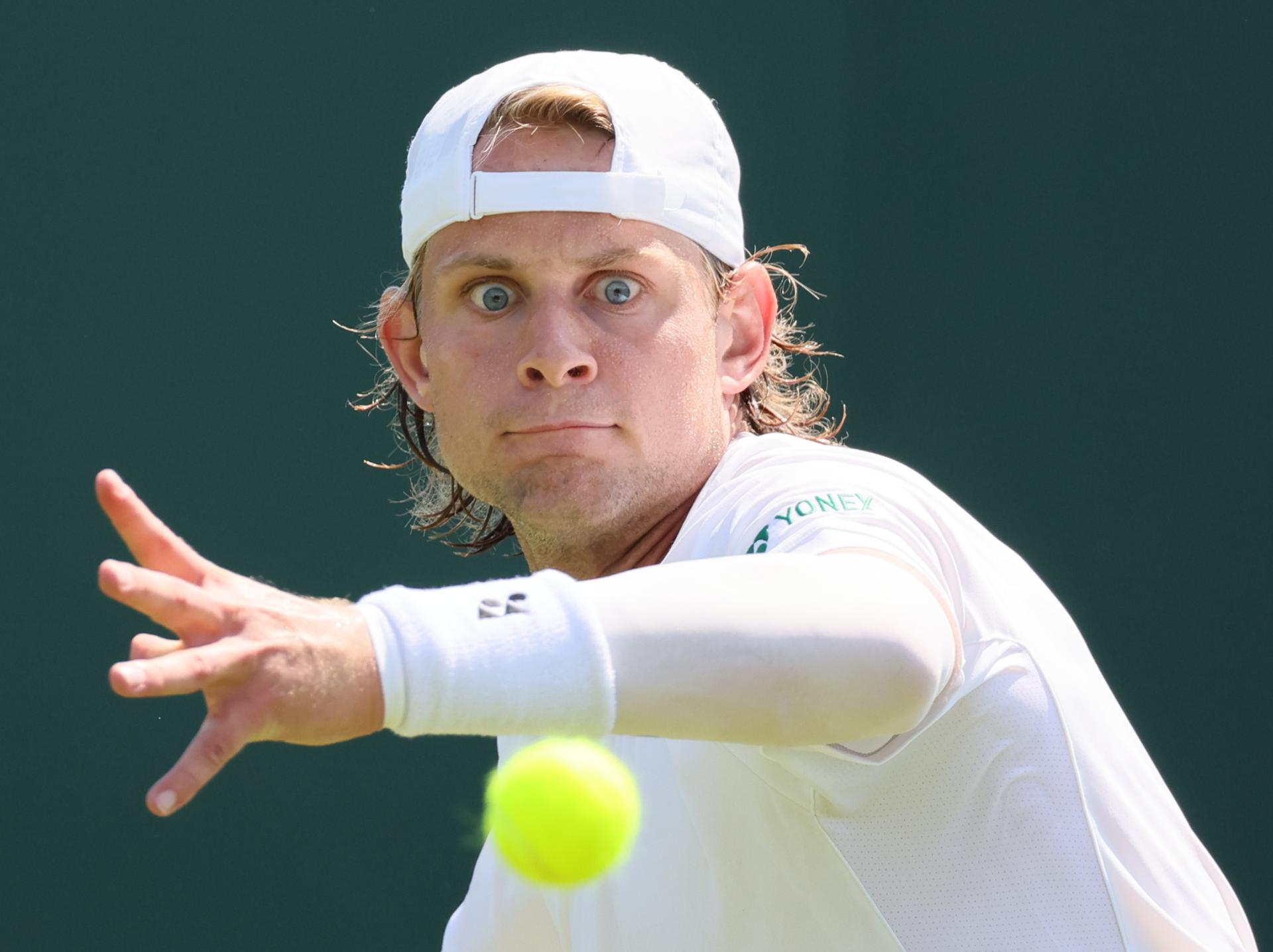 Belgian Zizou Bergs pictured in action during a tennis match against South African Harris, in the first round of the men's singles at the 2025 Wimbledon grand slam tournament, Monday 30 June 2025 at the All England Tennis Club, in South-West London, Britain. BELGA PHOTO BENOIT DOPPAGNE
