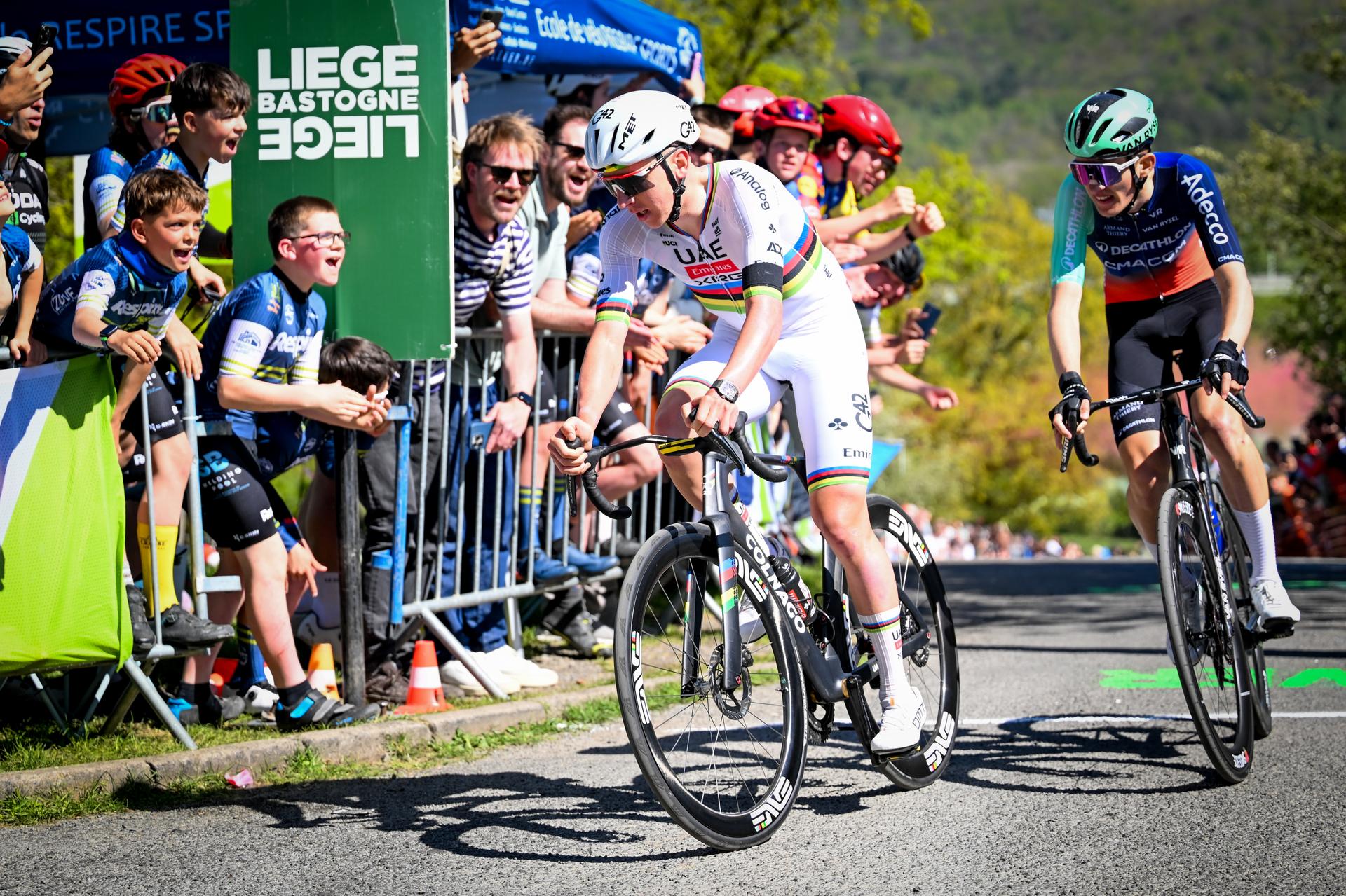 Slovenian Tadej Pogacar of UAE Team Emirates-XRG and French Paul Seixas of Decathlon CMA CGM Team pictured in action during the men elite race of the Liege-Bastogne-Liege UCI World Tour one day cycling race, 259,5km from Liege, over Bastogne to Liege, Sunday 26 April 2026. BELGA PHOTO MAARTEN STRAETEMANS