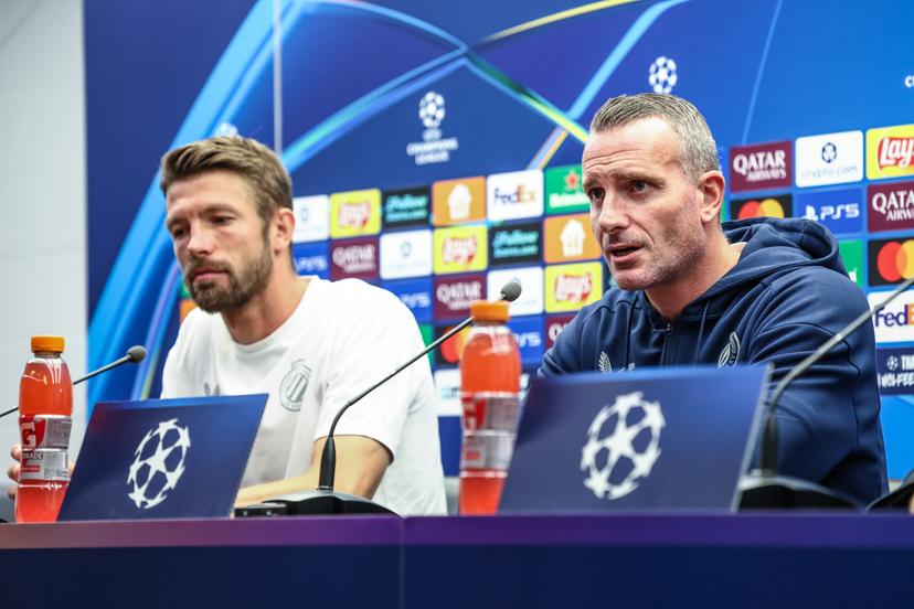 Club's Brandon Mechele and Club's head coach Nicky Hayen pictured during a press conference of belgian soccer team Club Brugge, in Brugge, on Tuesday 26 August 2025. The team will play the scottish team Glasgow Rangers on Wednesday, on the second leg of play-offs of the Champions League tournament. BELGA PHOTO BRUNO FAHY