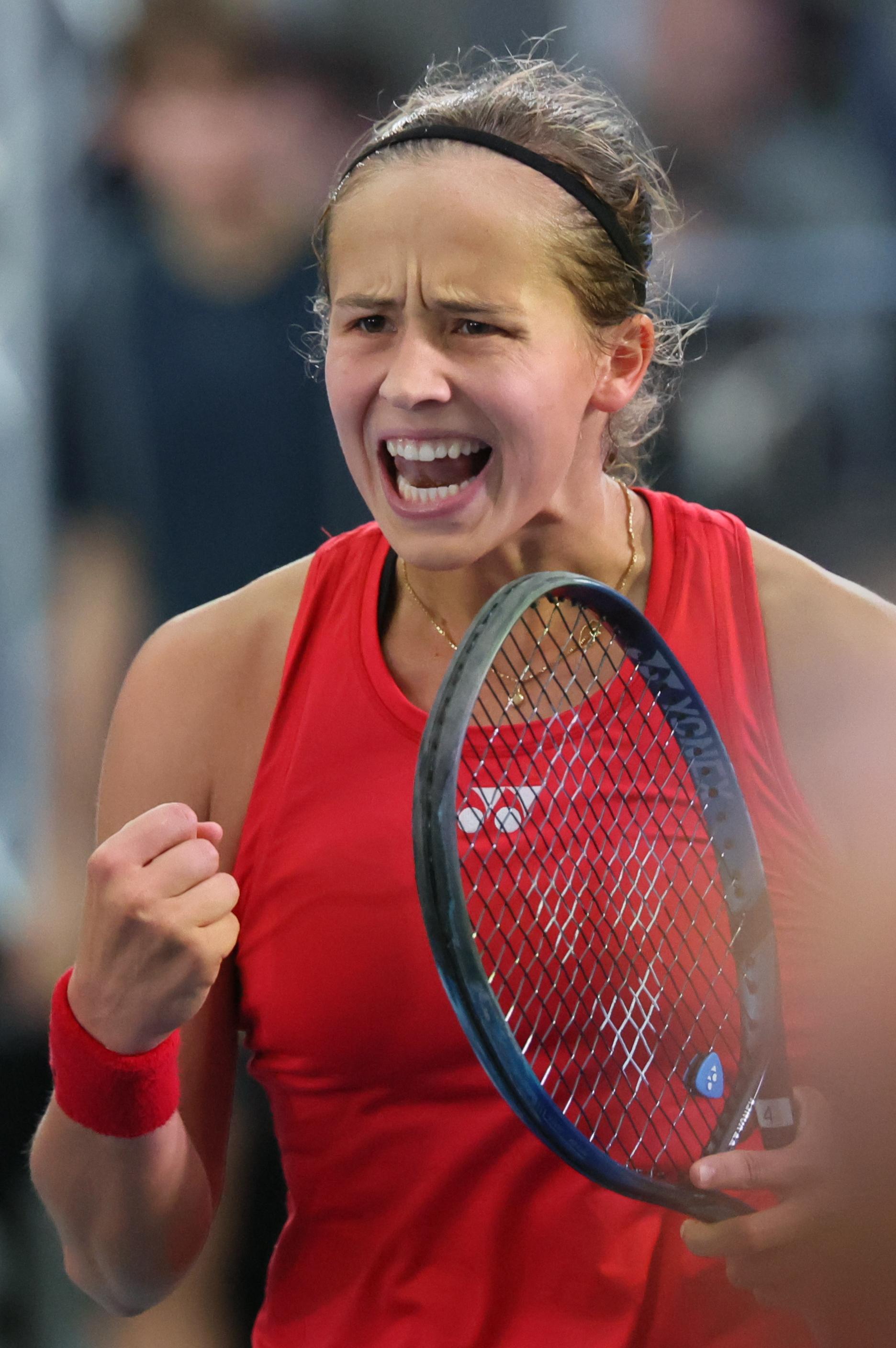Belgian Hanne Vandewinkel reacts during a tennis match against German Seidel, the second match of the meeting between Belgium and Germany in the Billie Jean King Cup Play-offs, on Sunday 16 November 2025 in Ismaning, Germany. PHOTO BENOIT DOPPAGNE