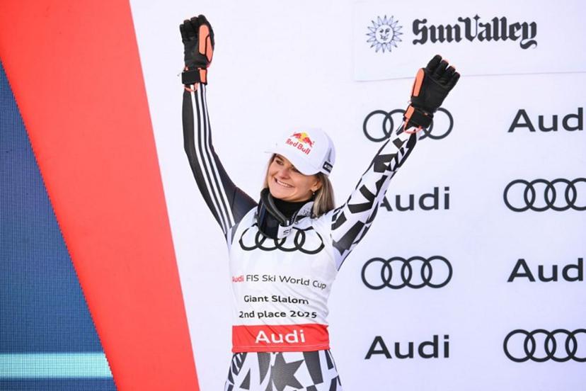 New Zealand's Alice Robinson celebrates second place overall in the women's Giant Slalom in the 2025 FIS Alpine World Cup Finals at Sun Valley Resort in Sun Valley in Sun Valley, Idaho, on March 25, 2025.  Patrick T. Fallon / AFP