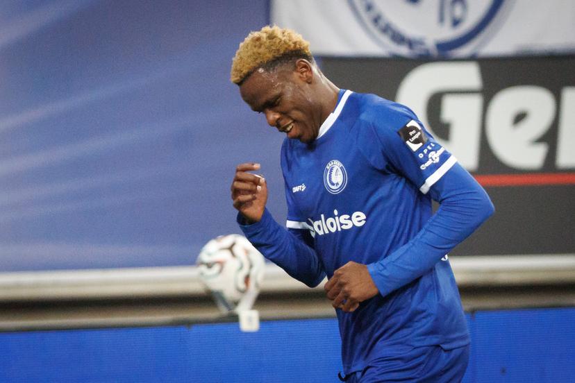Gent's Hyllarion Goore celebrates after scoring during a soccer match between KAA Gent and KVC Westerlo, Saturday 27 December 2025 in Gent, on day 20 of the 2025-2026 'Jupiler Pro League' first division of the Belgian championship. BELGA PHOTO KURT DESPLENTER