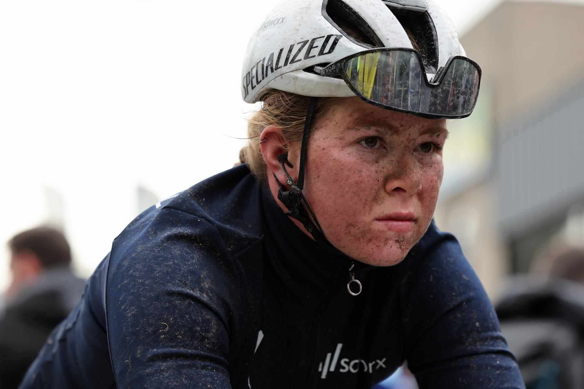 Dutch Lonneke Uneken of SD Worx reacts after the women's Gent-Wevelgem - In Flanders Fields cycling race, 162,5 km from Ieper to Wevelgem, Sunday 26 March 2023. BELGA PHOTO DAVID PINTENS
