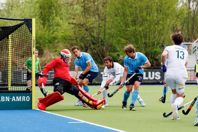 players pictured in action during a hockey game between Braxgata and Waterloo Ducks, Sunday 13 April 2025 in Boom, on day 18 of the Belgian first division hockey championship. BELGA PHOTO HATIM KAGHAT