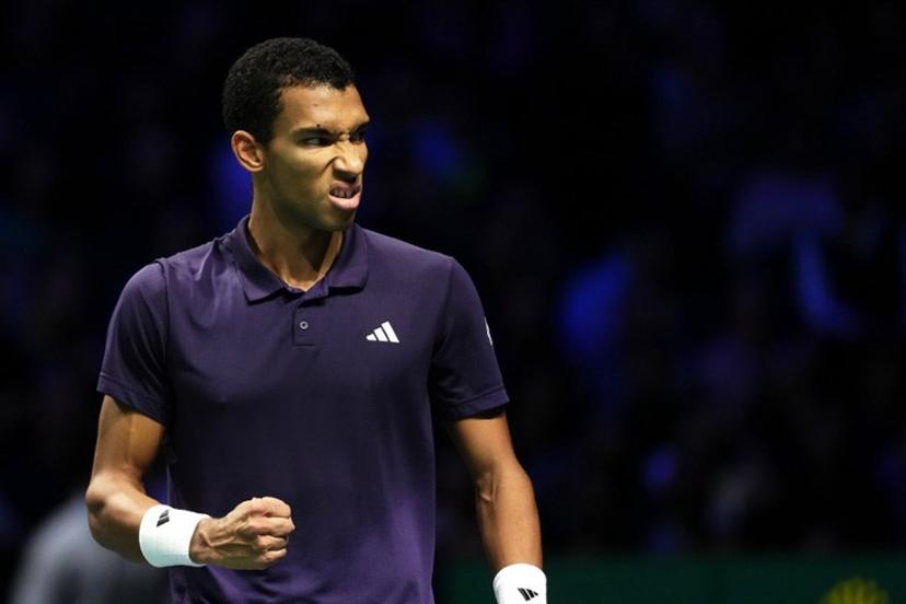 Canada's Felix Auger-Aliassime reacts after winning the first set as he plays against Kazakhstan's Alexander Bublik during their men's singles semi-final match on day six of the Paris ATP Masters 1000 tennis tournament at the Paris La Défense Arena in Nanterre, on the outskirts of Paris, on November 1, 2025.  Dimitar DILKOFF / AFP