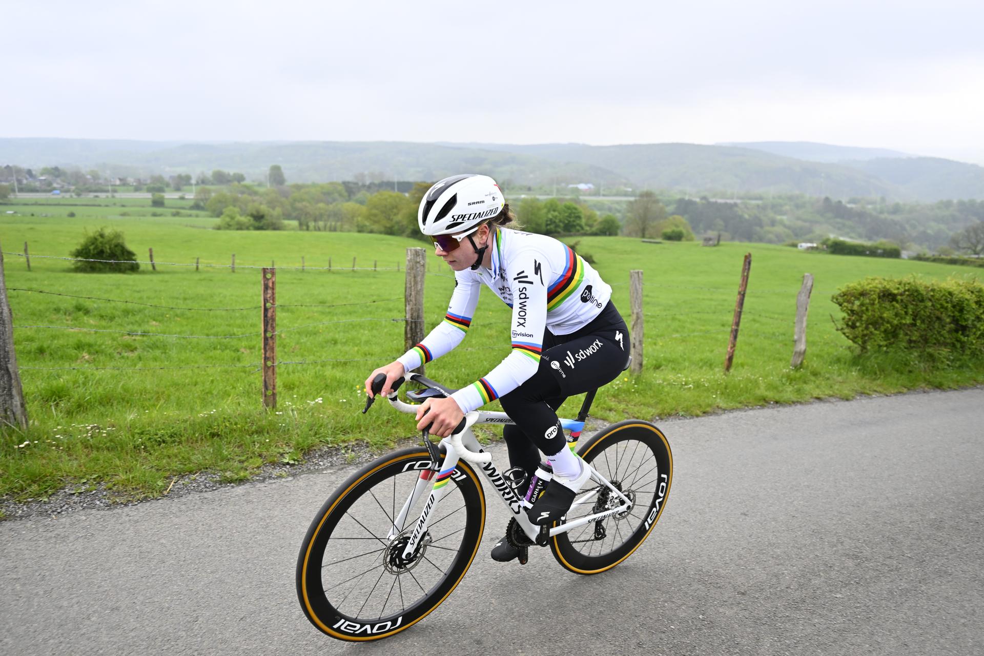 Belgian Lotte Kopecky of SD Worx-Protime pictured during a training and track reconnaissance session, on the 'Cote de la Redoute', in Remouchamps, Aywaille, ahead of the Liege-Bastogne-Liege one day cycling race, Friday 25 April 2025. BELGA PHOTO ERIC LALMAND