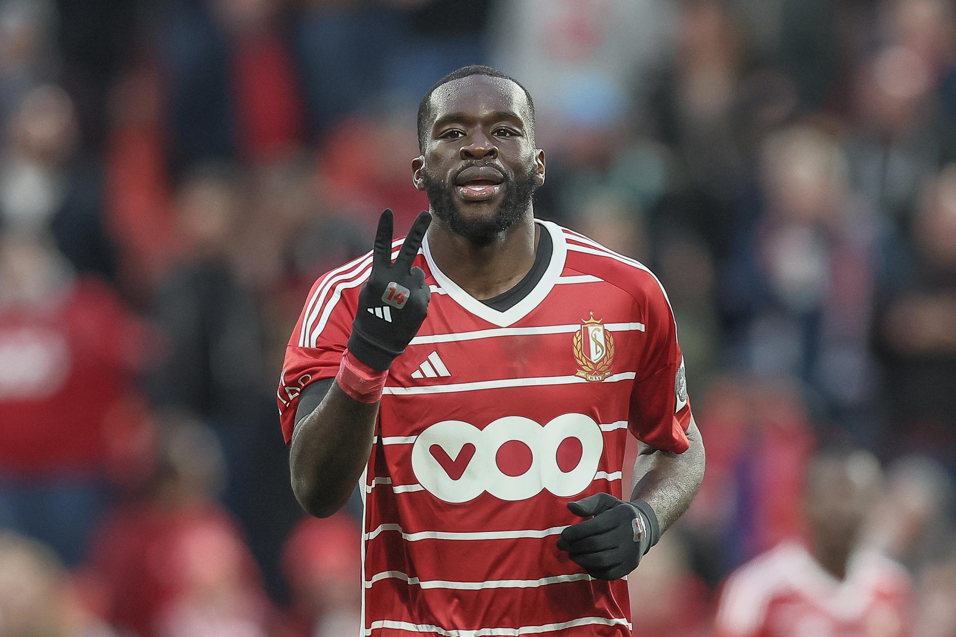 Standard's Wilfried Kanga celebrates after scoring during a soccer match between Standard de Liege and KAS Eupen, Saturday 16 March 2024 in Liege, on the last day (30/30) of the 2023-2024 season of the 'Jupiler Pro League' first division of the Belgian championship. BELGA PHOTO BRUNO FAHY