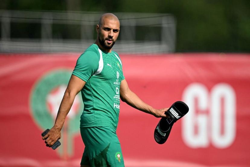 Morocco's midfielder Sofyan Amrabat takes part in a training session for the 2026 World Cup football tournament at the Pingry School in Basking Ridge, New Jersey, on June 11, 2026.  MAURO PIMENTEL / AFP