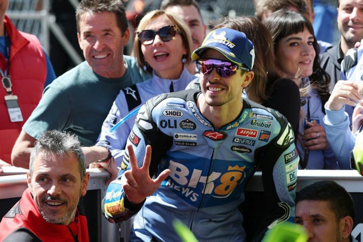 Team Gresini Racing MotoGP's Alex Marquez celebrates his second place after the qualifying session at the Catalunya Moto GP Grand Prix at the Catalunya racetrack in Montmelo, near Barcelona, on May 16, 2026.  Lluis GENE / AFP