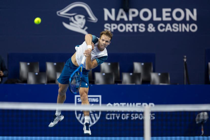 Belgian Michael Geerts pictured in action during the qualifying phase of the European Open Tennis ATP tournament, in Antwerp, Sunday 13 October 2024. BELGA PHOTO DAVID PINTENS
