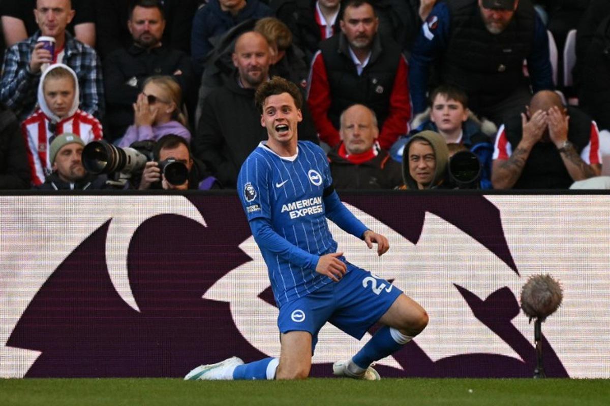 Brighton's Belgian defender #29 Maxim De Cuyper celebrates scoring the opening goal during the English Premier League football match between Sunderland and Brighton and Hove Albion at The Stadium of Light in Sunderland in north east England on October 10, 2026.  Oli SCARFF / AFP