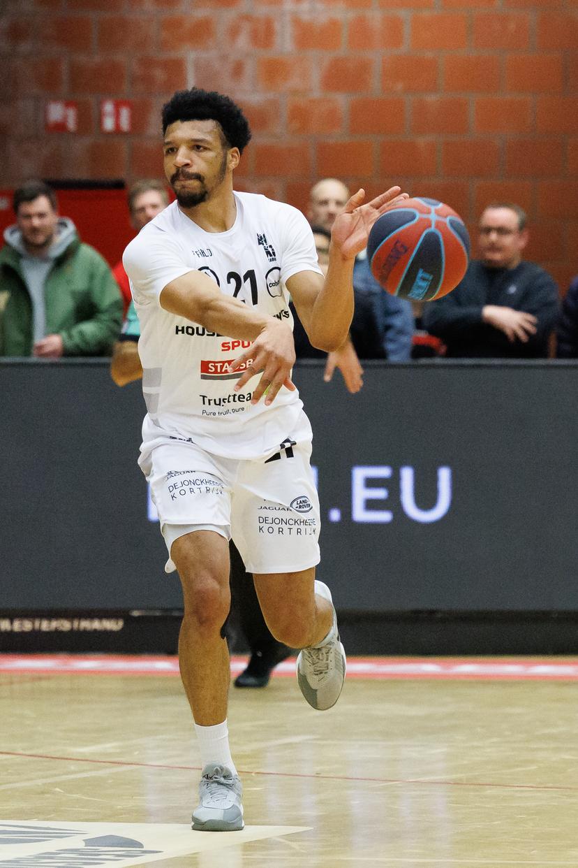 Kotrijk's Ithiel Horton pictured in action during a basketball match between House of Talents Spurs Kortrijk and Antwerp Giants, Friday 16 January 2026 in Kortrijk, on day 16 (out of 34) of the 'BNXT League' first division basket championship. BELGA PHOTO KURT DESPLENTER