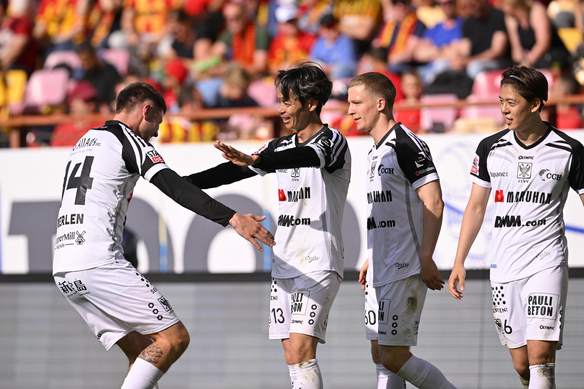 STVV's Ryotaro Ito celebrates after scoring during a soccer match between KV Mechelen and Sint-Truiden VV, Sunday 26 April 2026 in Mechelen, on the fifth day of the Champion's Play-offs of the 2025-2026 'Jupiler Pro League' first division of the Belgian championship. BELGA PHOTO JOHN THYS
