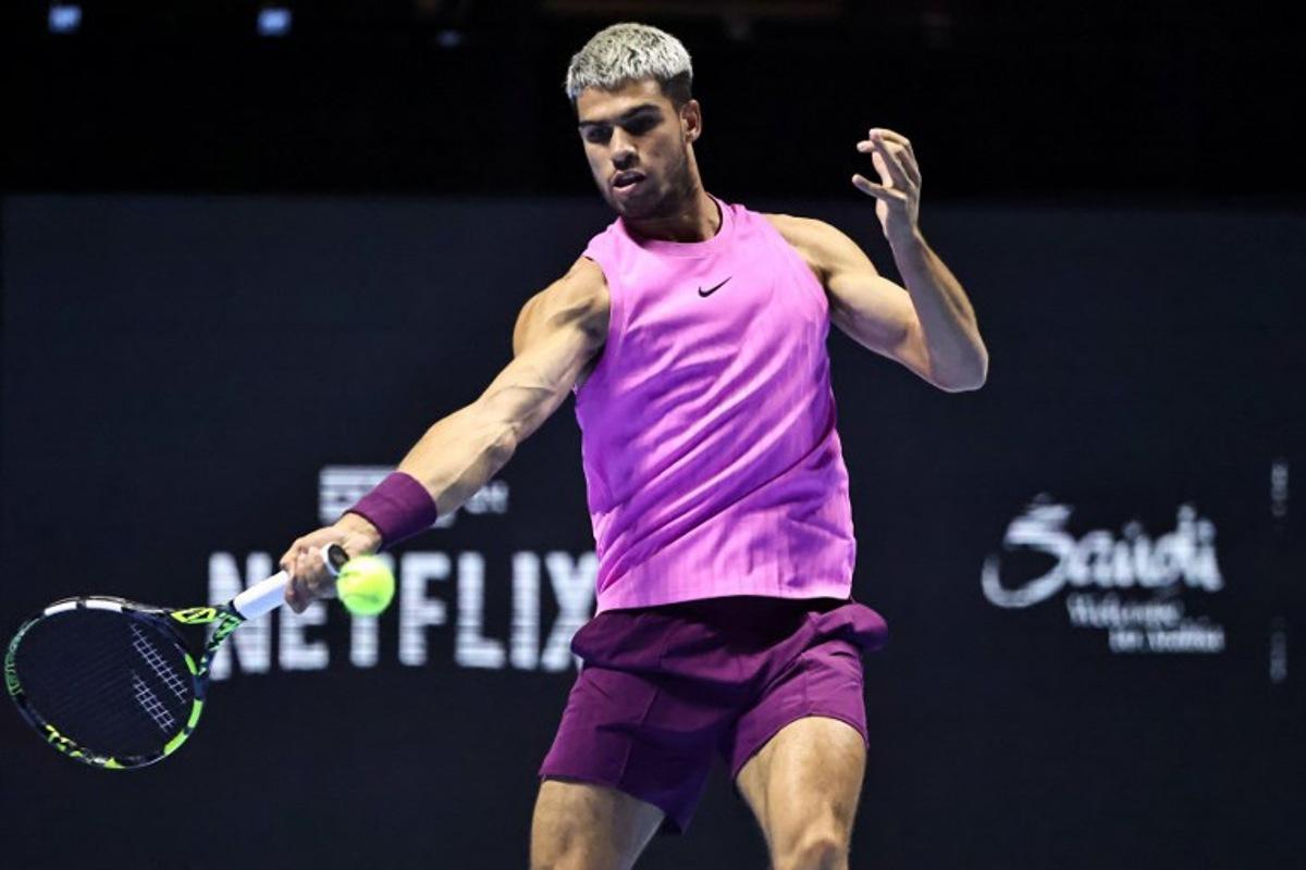 Spain's Carlos Alcaraz hits a return against Italy's Jannik Sinner during the final the Six Kings Slam exhibition tennis tournament in Riyadh on October 18, 2025.  Fayez NURELDINE / AFP
