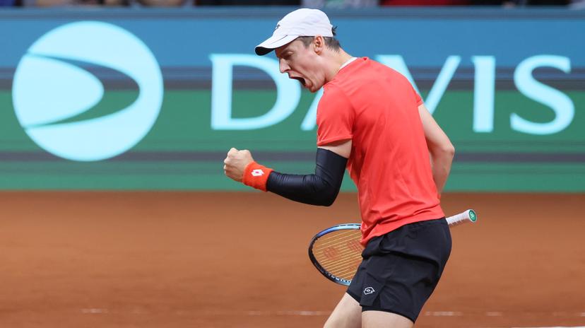 Belgian Joran Vliegen celebrates during a doubles tennis match between Bulgarian Donski/Nesterov and Belgian Gille/Vliegen, match 3 of the qualifier of the Davis Cup on Sunday 08 February 2026, in Plovdiv, Bulgaria. Belgium will compete this weekend in the Davis Cup qualifiers against Bulgaria. BELGA PHOTO BENOIT DOPPAGNE