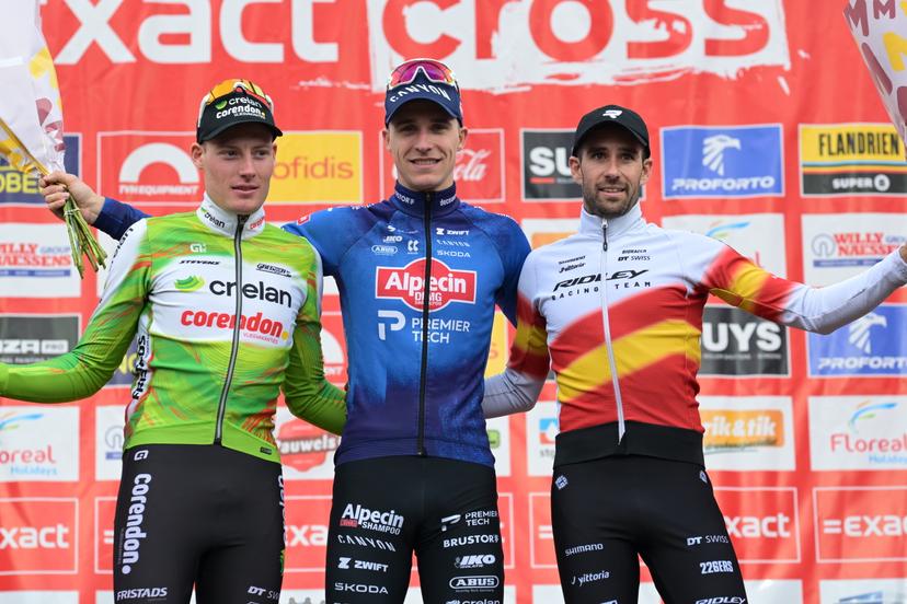 Belgian Joran Wyseure, Belgian Niels Vandeputte and Spanish Felipe Orts Lloret pictured on the podium after the men's elite race of the 'Parkcross' cyclocross cycling event, race 6/7 in the 'Exact Cross' competition, Wednesday 04 February 2026 in Maldegem. BELGA PHOTO DAVID PINTENS