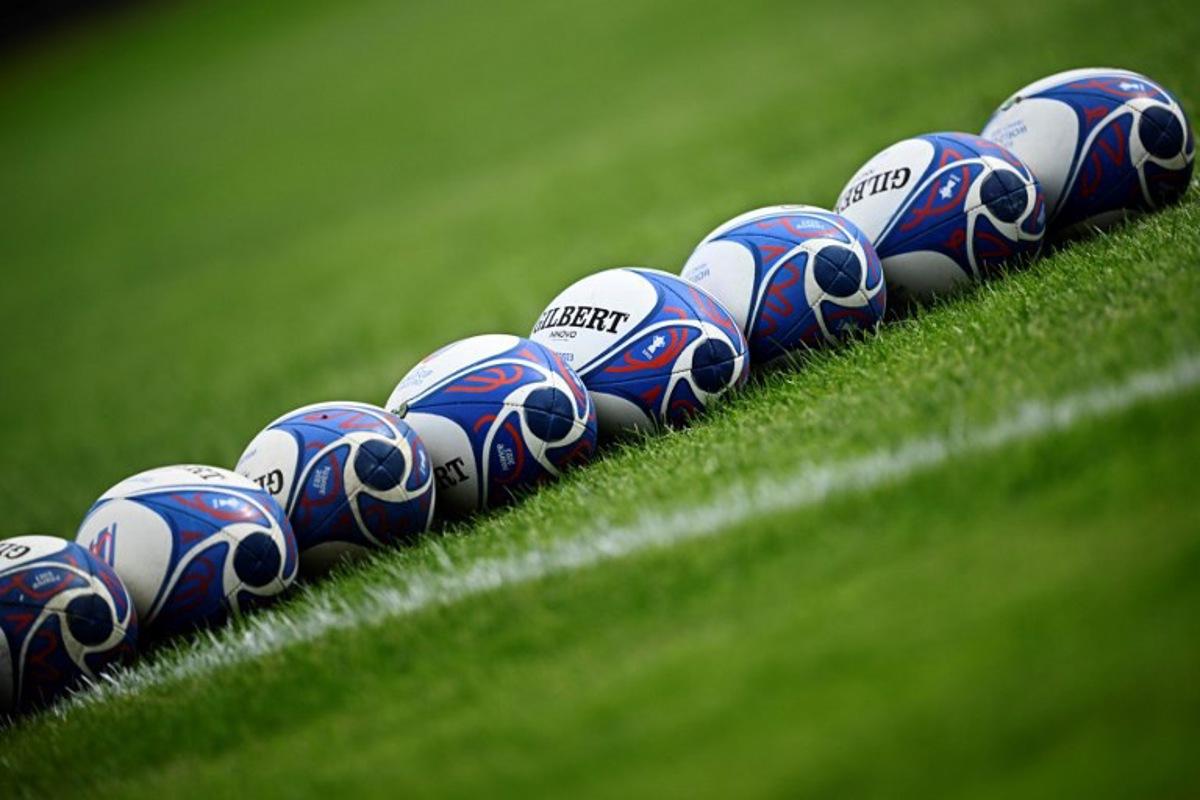 A photo shows an official France 2023 Rugby World Cup balls during South Africa's training session at the Fauvettes Stadium, in Domont, north of Paris, on September 19, 2023. South Africa Springboks will meet Ireland for their next pool B match of the 2023 World Cup. JULIEN DE ROSA / AFP