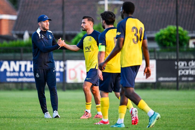 Union's head coach Sebastien Pocognoli and Union's Charles Vanhoutte pictured after a friendly game between Union Saint-Gilloise and Union Rochefortoise, Tuesday 01 July 2025 in Nijlen, in preparation of the upcoming 2025-2026 season. BELGA PHOTO TOM GOYVAERTS