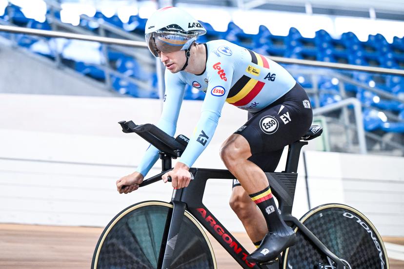 Belgian Noah Vandenbranden pictured in action during a training session of the delegation for the upcoming World Track Cycling Championships, Tuesday 14 October 2025 in Gent. The competition will take place in Santiago, Chile, from 22 to 26 October 2025. BELGA PHOTO TOM GOYVAERTS