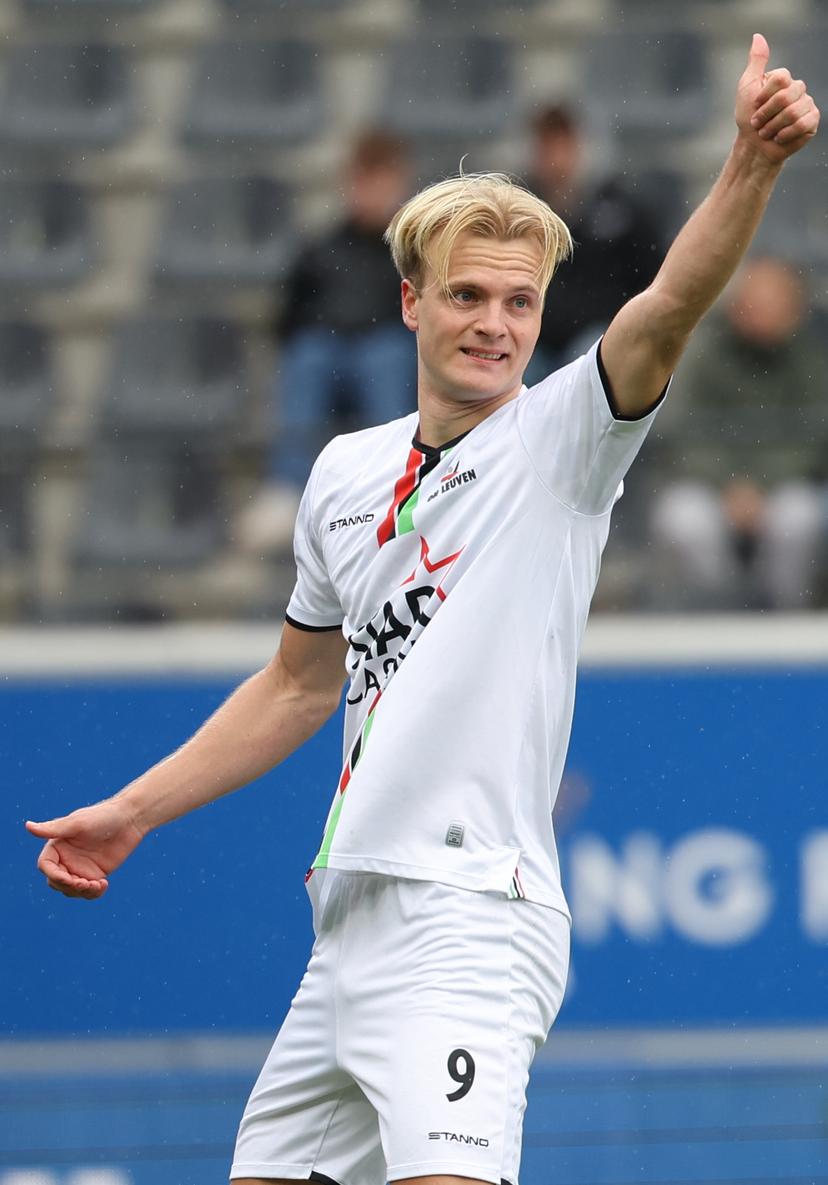 OHL's Jonatan Braut Brunes gestures during a soccer match between Oud-Heverlee Leuven and Sint-Truidense VV, Saturday 20 April 2024 in Leuven, on day 4 (out of 10) of the Europe Play-offs of the 2023-2024 'Jupiler Pro League' first division of the Belgian championship. BELGA PHOTO VIRGINIE LEFOUR