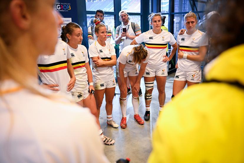 Belgium's players look dejected after losing a rugby match between Belgium and Czech Republic for the third place, a at the women's Rugby Sevens tournament, at the European Games in Krakow, Poland on Tuesday 27 June 2023. The 3rd European Games, informally known as Krakow-Malopolska 2023, is a scheduled international sporting event that will be held from 21 June to 02 July 2023 in Krakow and Malopolska, Poland. BELGA PHOTO LAURIE DIEFFEMBACQ