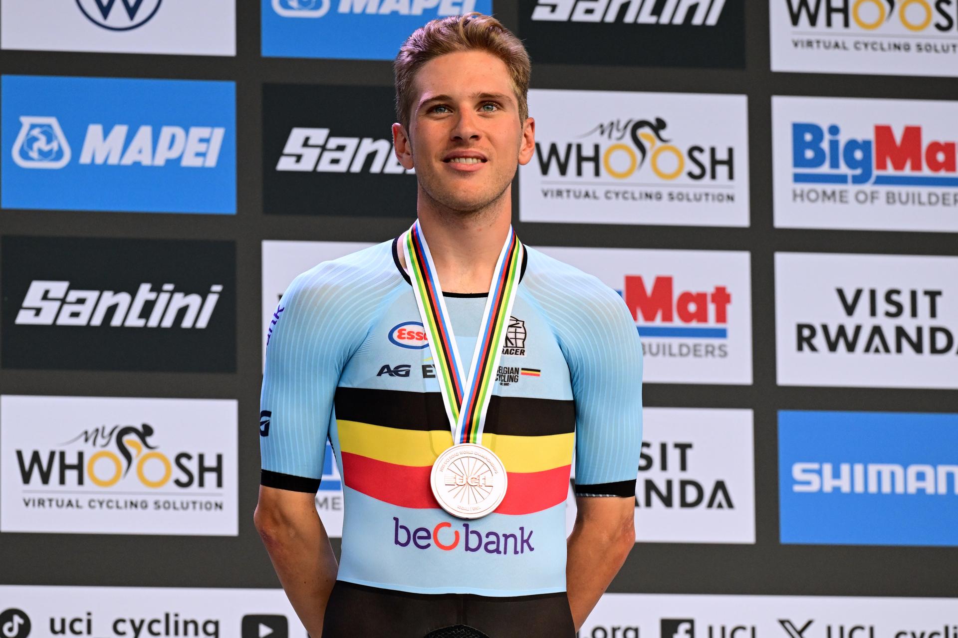 Bronze medalist Belgian Ilan van Wilder celebrates on the podium of the Men Elite Individual Time Trial race (40,8km) at the cycling road world championships, in Kigali, Rwanda, Sunday 21 September 2025. The 2025 UCI Road World Championships take place from 21 to 28 September in Kigali, Rwanda. BELGA PHOTO DIRK WAEM