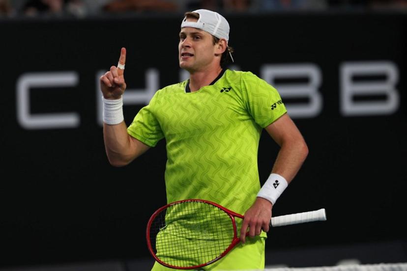 Belgium's Zizou Bergs reacts after a point against Poland's Hubert Hurkacz during their men's singles match on day three of the Australian Open tennis tournament in Melbourne on January 20, 2026.  IZHAR KHAN / AFP