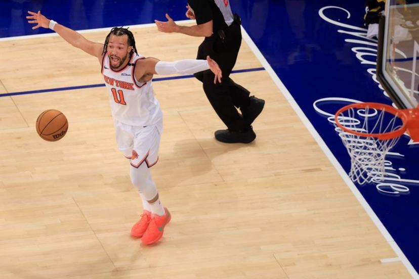 Knicks' point guard #11 Jalen Brunson reacts during Game Five of the Eastern Conference Finals of the 2025 NBA Playoffs between the New York Knicks and the Indiana Pacers at Madison Square Garden in New York on May 29, 2025.  CHARLY TRIBALLEAU / AFP